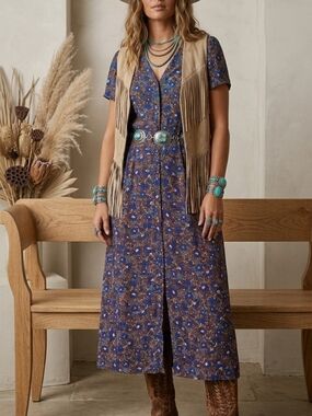 Camaïeu Floral Midi Dress Size L Blue Ditsy Button Front Flattering V-Neck